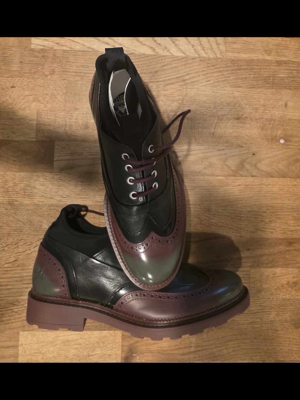 John Fluevog Black, Burgundy & Olive Wingtip Derby
